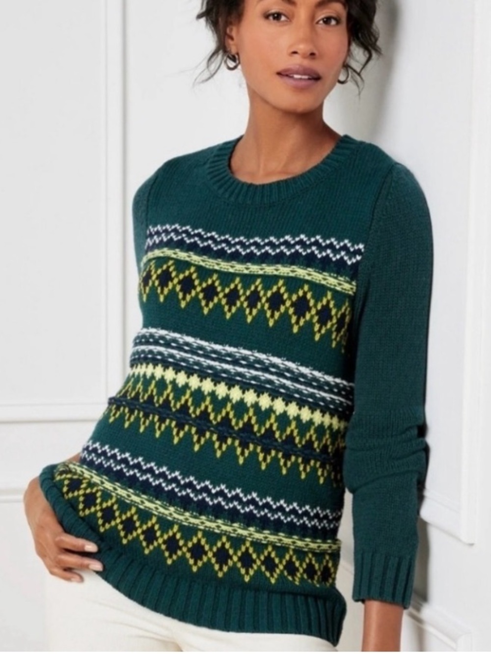 Talbots Green Diamond Fair Isle Crewneck Nordic Pullover Sweater medium NEW